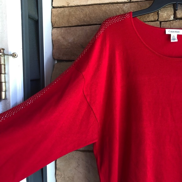 Calvin Klein red thin knit scoop neck gold detail sweater Large - Picture 7 of 9